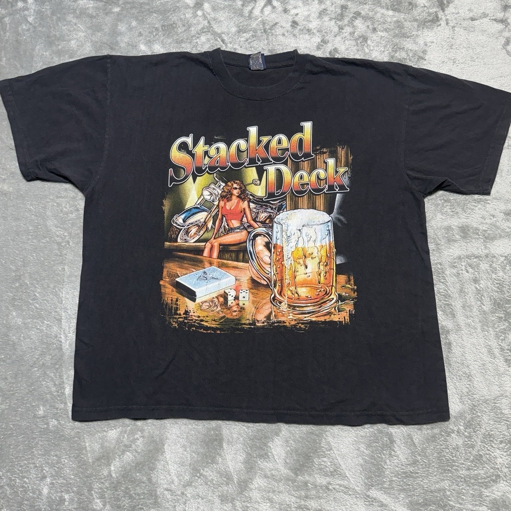 Vintage Cherokee County Cycles Shirt Mens XL Stacked Deck Biker Tee Andrews NC